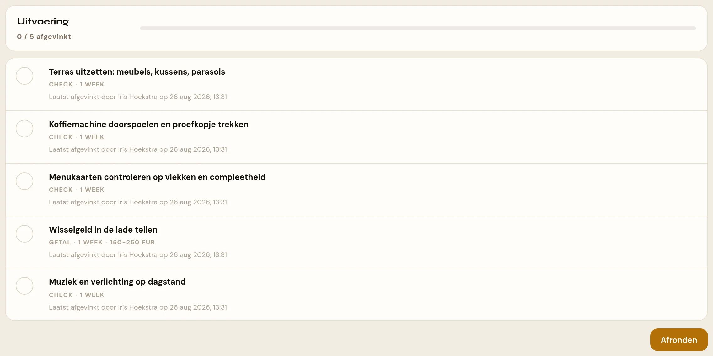 De detailpagina van een checklist in het beheer. Bovenin een gekleurde kop met het categorielabel, de naam en de feiten: frequentie, tijdstip, afdeling en het aantal punten, met rechts de knop Bewerken. Daaronder de drie tabbladen uitvoeren, items en historie. Op het tabblad uitvoeren staat de teller 0 / 5 afgevinkt met een voortgangsbalk, en daaronder per controlepunt een groot afvinkvak, de omschrijving en pills met het type en de frequentie.