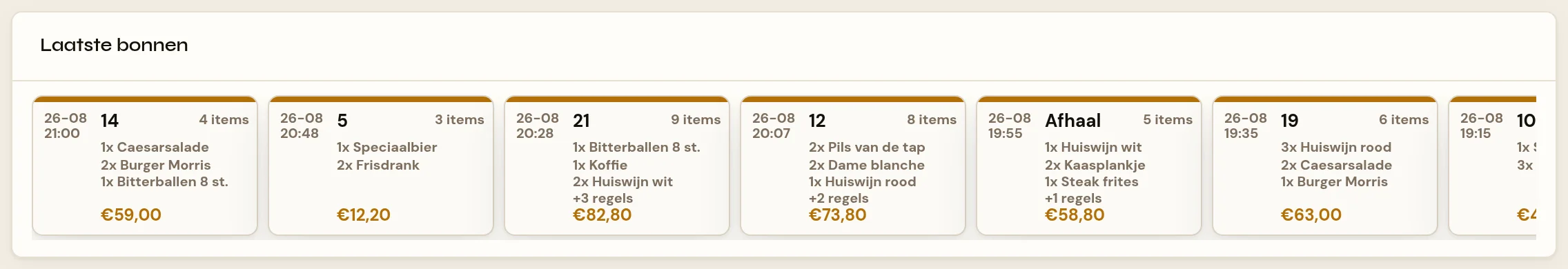 Het paneel Laatste bonnen: een horizontale strook bonkaartjes. Op elk kaartje links onder elkaar de datum en de tijd, daarnaast de tafel, rechtsboven het aantal items, daaronder de eerste regels van de bon en onderin het bedrag in oranje.