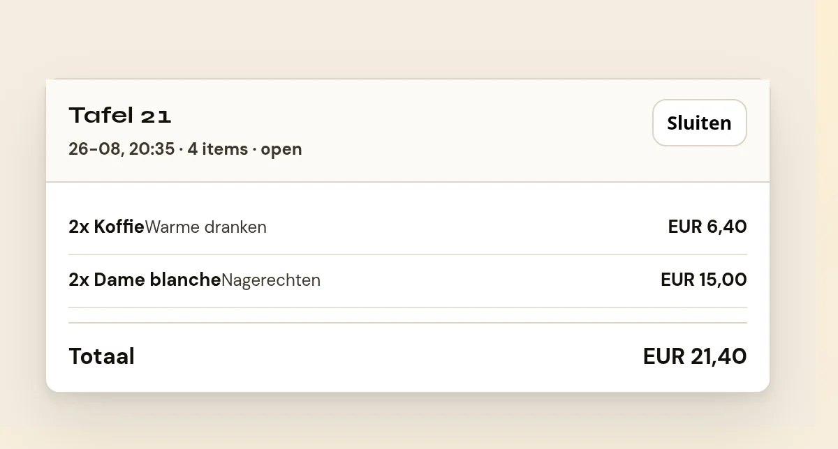 Het venster dat opent als je een regel uit Vorige bestellingen aantikt. Bovenin de tafelnaam, daaronder de regel met datum en tijd, het aantal items, de status en de betaalmethode, en rechts de knop Sluiten. Daaronder alle bonregels: per regel het aantal maal de naam, daaronder de categorie en rechts het bedrag van die regel. Onderaan de regel Totaal met het bedrag van de hele bon.