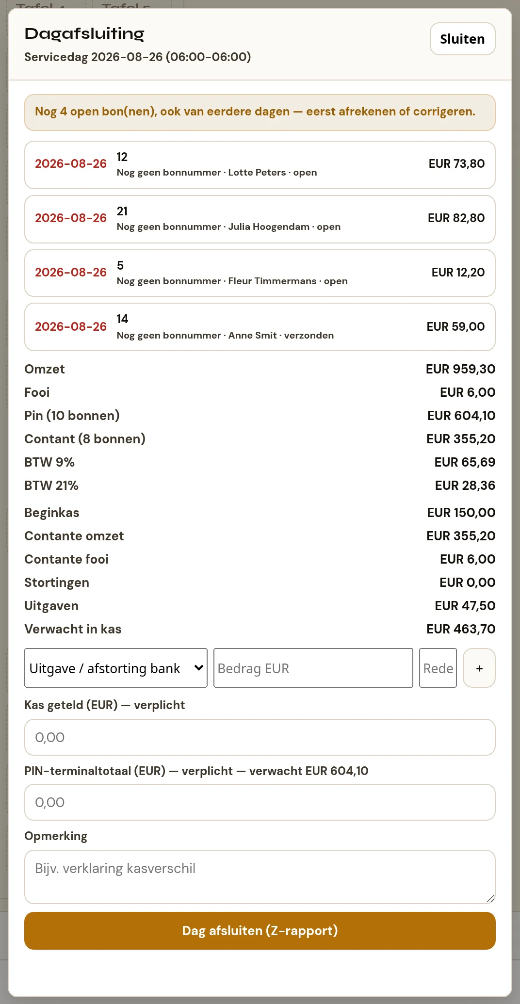 Het venster Dagafsluiting. Bovenaan de kop Dagafsluiting met daaronder Servicedag 2026-08-26 (06:00-06:00) en rechts de knop Sluiten. Daaronder een gele melding: Nog 4 open bon(nen), ook van eerdere dagen - eerst afrekenen of corrigeren. Daaronder die vier bonnen, elk met de datum in rood, de tafelnaam, de regel Nog geen bonnummer met de naam van de medewerker en de status, en rechts het bedrag. Daaronder de cijfers van de dag: Omzet, Fooi, de omzet per betaalmethode met het aantal bonnen, en de BTW per tarief. Daaronder het kasboek met Beginkas, Contante omzet, Contante fooi, Stortingen, Uitgaven en Verwacht in kas, en een regel om een kasboekregel toe te voegen met een keuzelijst, een bedrag, een reden en een plusknop. Onderaan de velden Kas geteld (EUR) - verplicht, PIN-terminaltotaal (EUR) - verplicht - verwacht EUR 604,10, en Opmerking, met daaronder de knop Dag afsluiten (Z-rapport).