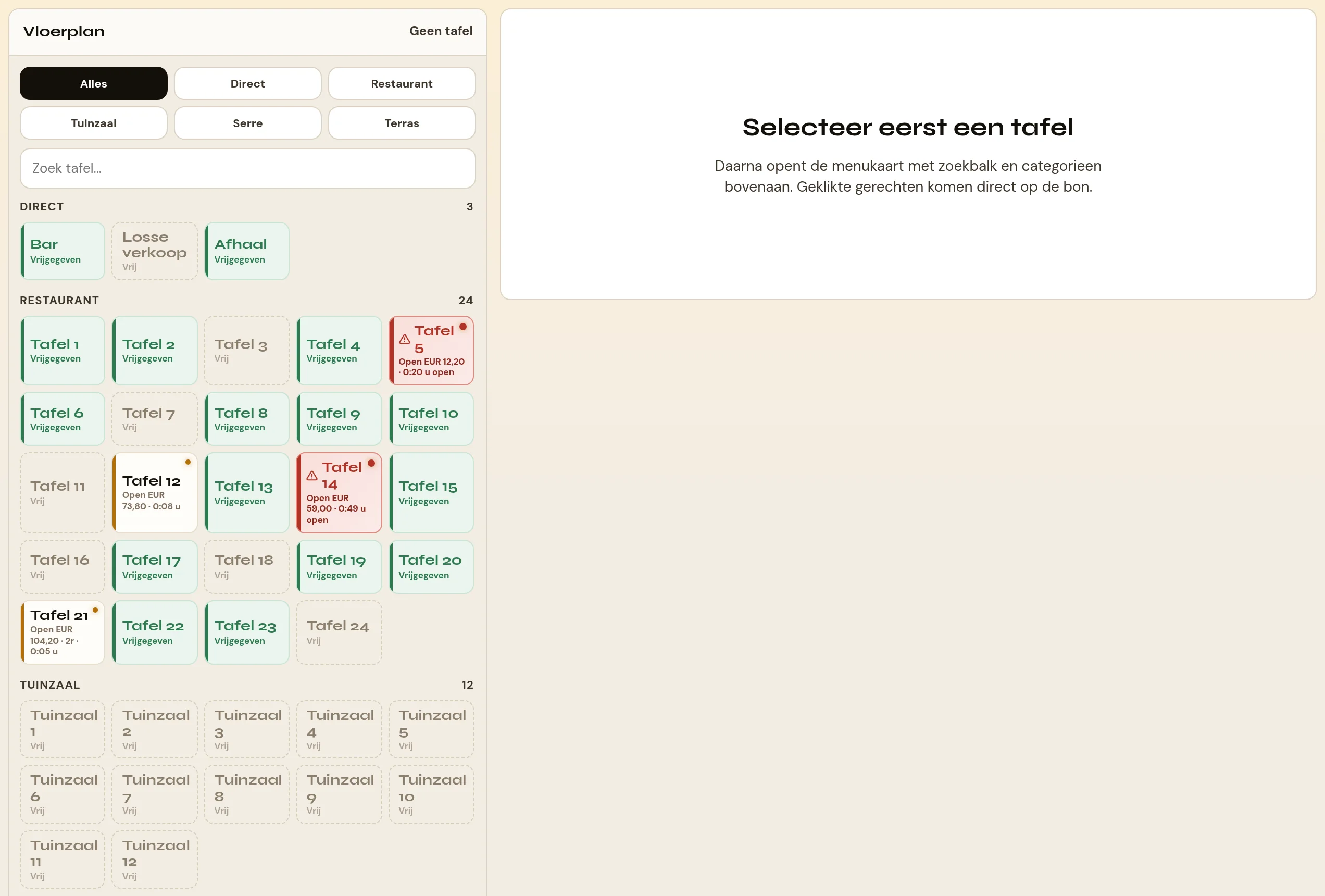 Het invoerscherm van de kassa, nog zonder gekozen tafel. Links de kaart Vloerplan: bovenin de knoppenrij met Alles en de wijken, daaronder het zoekveld Zoek tafel, daaronder de tafels per wijk met een teller achter elke wijknaam. Rechts een lege kaart met de kop Selecteer eerst een tafel en de regel dat de menukaart daarna opent en aangetikte gerechten meteen op de bon komen.