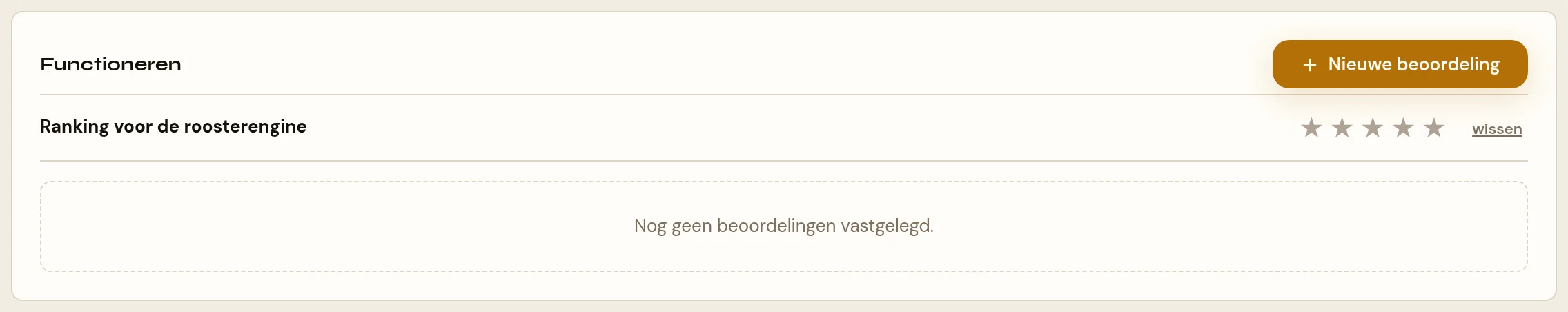 Het blok Functioneren onderin een dossier. Links de kop Functioneren, rechts de knop Nieuwe beoordeling. Daaronder een regel met de tekst Ranking voor de roosterengine, rechts vijf sterren om aan te klikken en het woord wissen. Onderaan het vak staat, zolang er nog niets is vastgelegd, de tekst Nog geen beoordelingen vastgelegd.