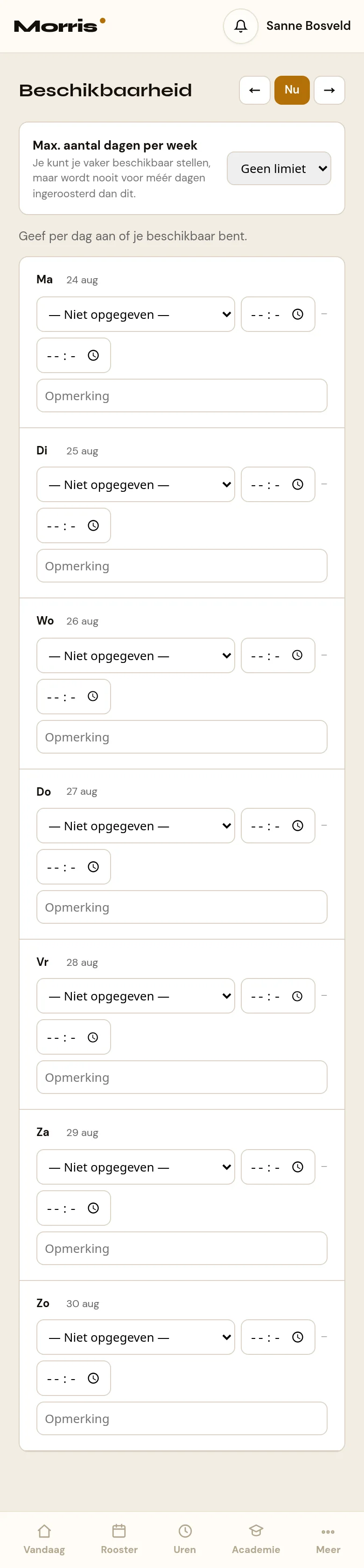 De pagina Beschikbaarheid op een telefoon. Bovenin de titel met de weekknoppen, daaronder het blokje Max. aantal dagen per week met een keuzelijst, en daaronder per dag een keuzelijst met de status, twee tijdvelden en een veld voor een opmerking.