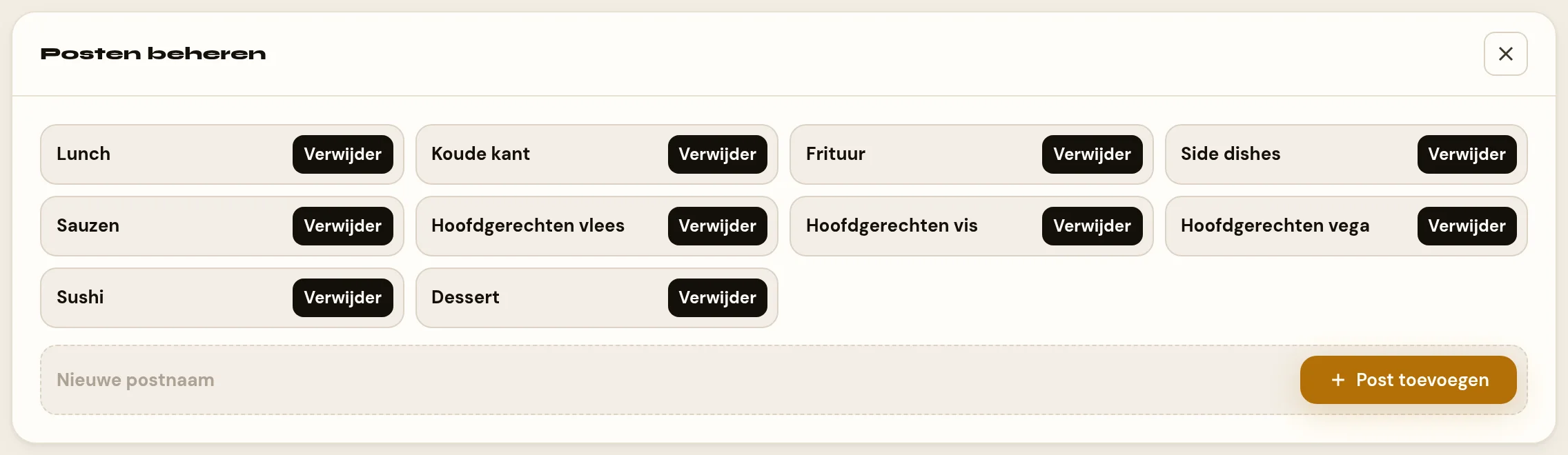 Het opengeklapte paneel Posten beheren op de MEP-pagina. Onder elkaar staan de posten van de keuken, elk als een invulveld met de postnaam en daarnaast een knop Verwijder. Onderaan staat een leeg veld met de aanwijzing Nieuwe postnaam en de knop Post toevoegen.