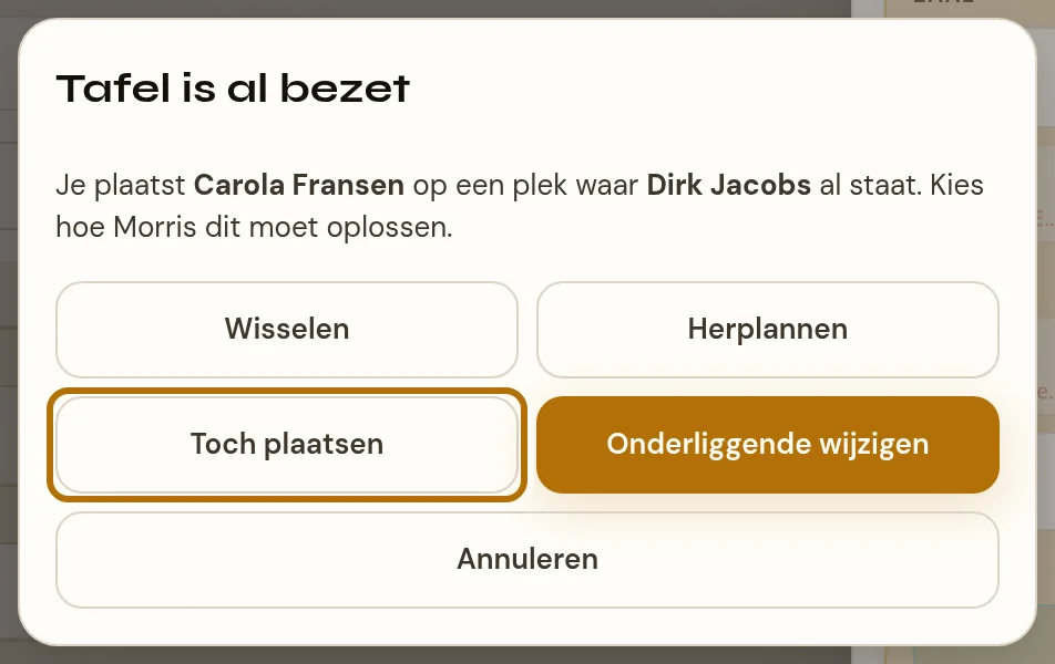 Het venster Tafel is al bezet, dat middenin het scherm verschijnt. De tekst zegt dat je de ene gast plaatst op een plek waar een andere gast al staat, en vraagt hoe Morris dit moet oplossen. Daaronder vier knoppen in twee rijen: Wisselen en Herplannen boven, Toch plaatsen en Onderliggende wijzigen daaronder. Toch plaatsen is omlijnd. Onder die vier staat over de volle breedte de knop Annuleren.