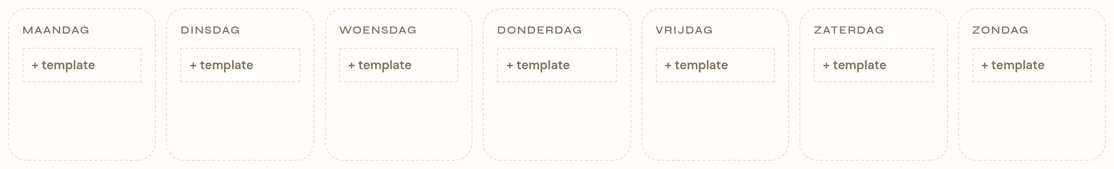 Het weekoverzicht op de pagina Dagtemplates bij een vestiging die nog geen enkele dagtemplate heeft. Zeven kolommen naast elkaar met een gestippelde rand: maandag tot en met zondag, elk met alleen de knop + template erin.
