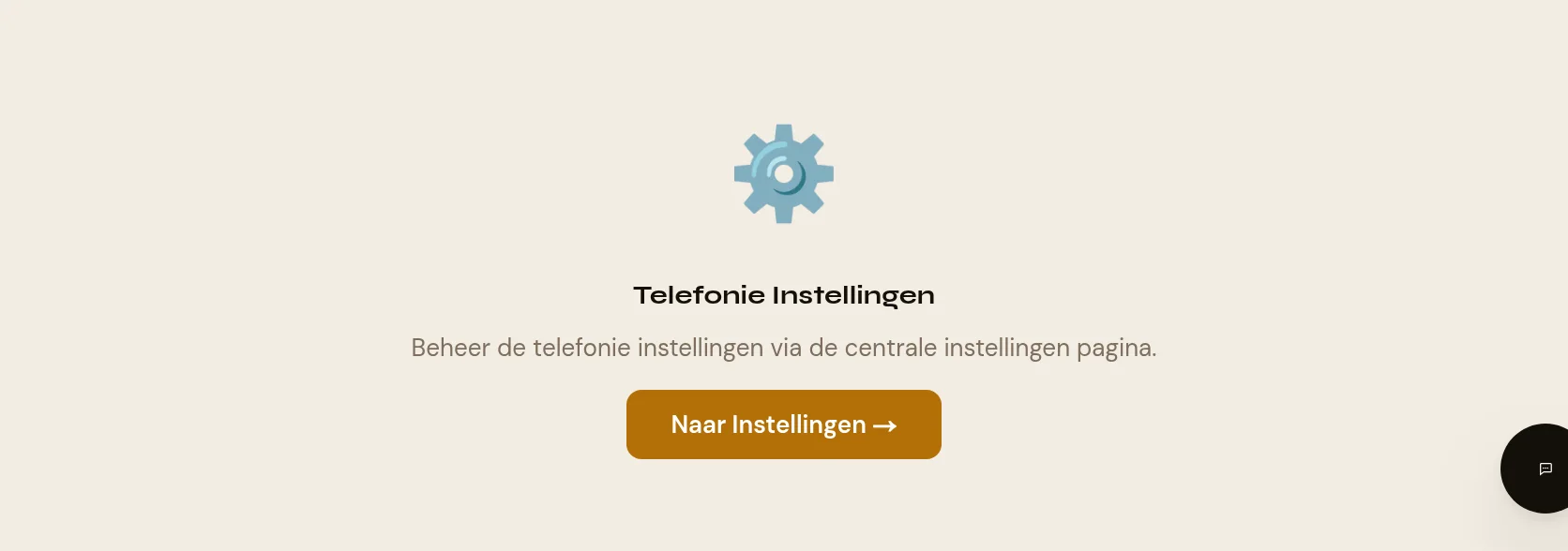Het tabblad dat alleen met ?tab=instellingen bereikbaar is: een tandwiel-icoon, de kop Telefonie Instellingen, een regel uitleg en de knop Naar Instellingen.